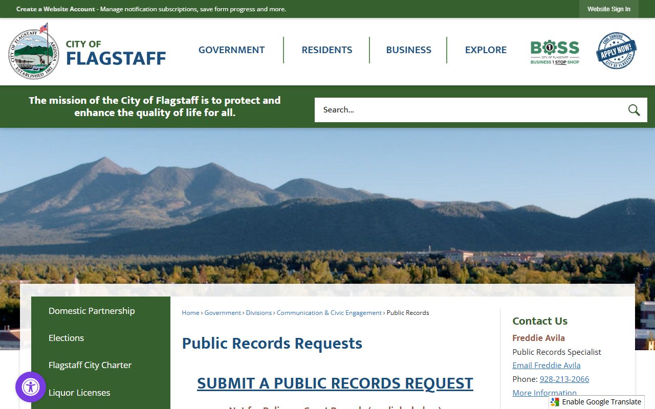 City of Flagstaff public records page showing divorce records go to county