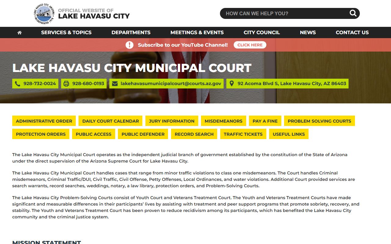 Lake Havasu City Municipal Court page showing court services information