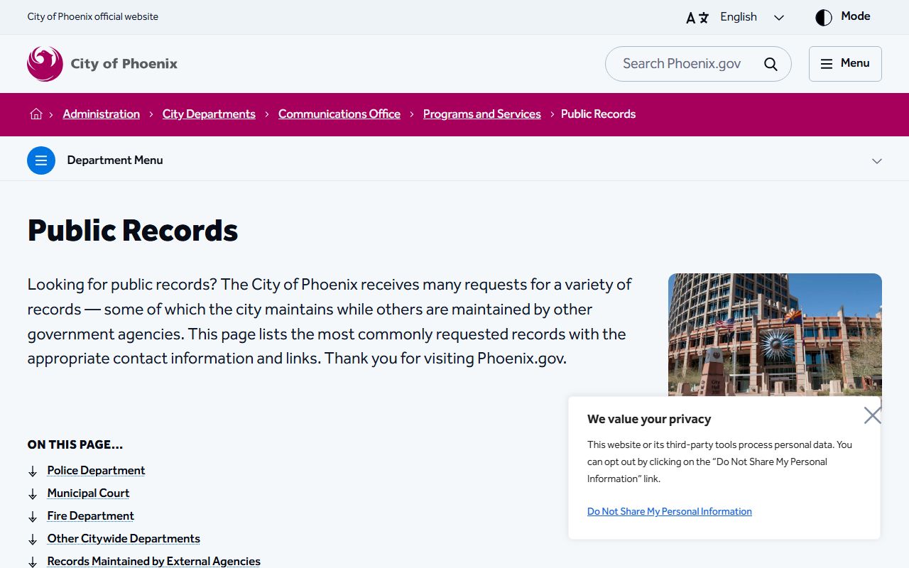 Phoenix public records page showing divorce records are kept by Maricopa County