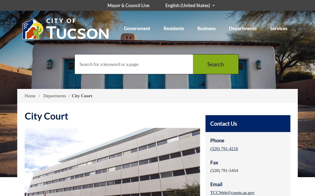 Tucson City Court page showing municipal court does not handle divorce cases