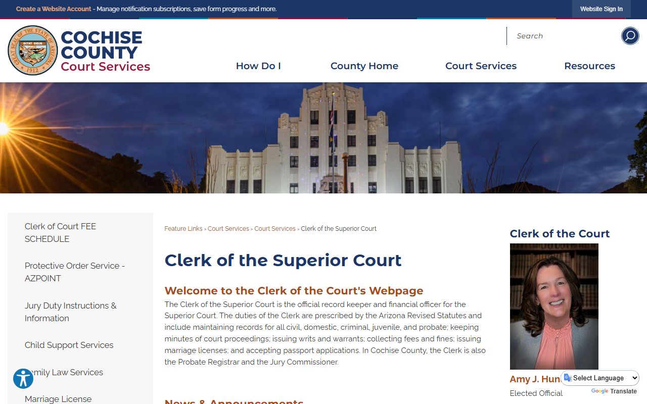 Cochise County Clerk of the Superior Court website main page