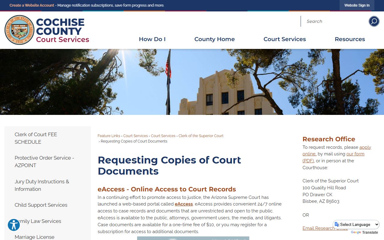 Cochise County court records request page explaining how to obtain divorce documents