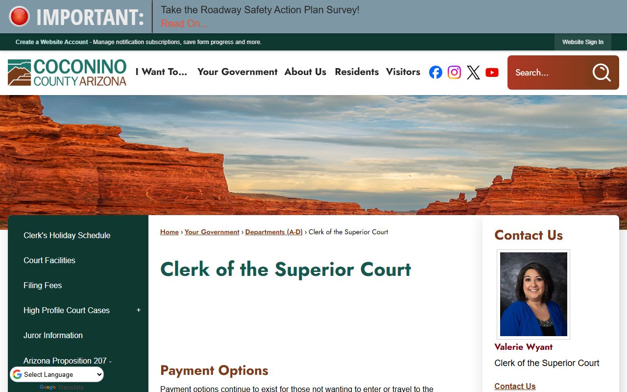 Coconino County Clerk of the Superior Court website showing divorce records services