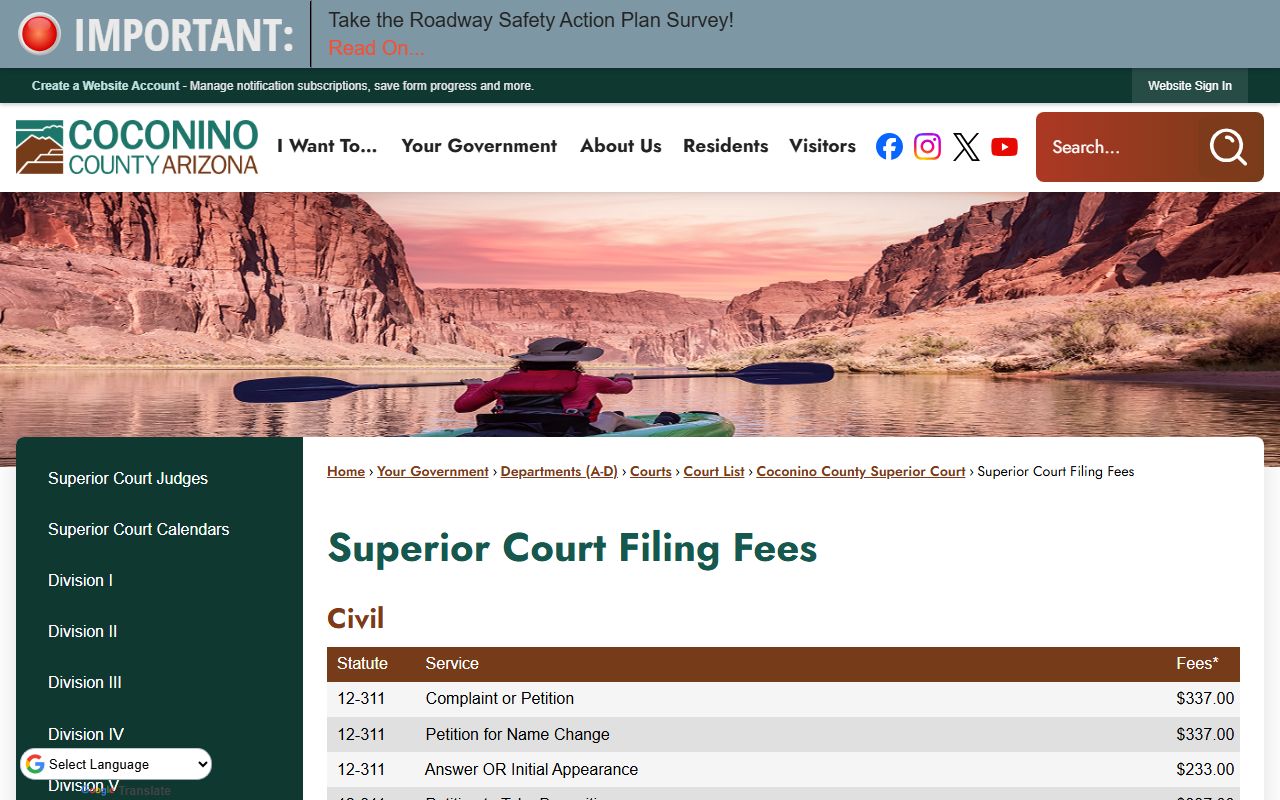 Coconino County Superior Court filing fees schedule
