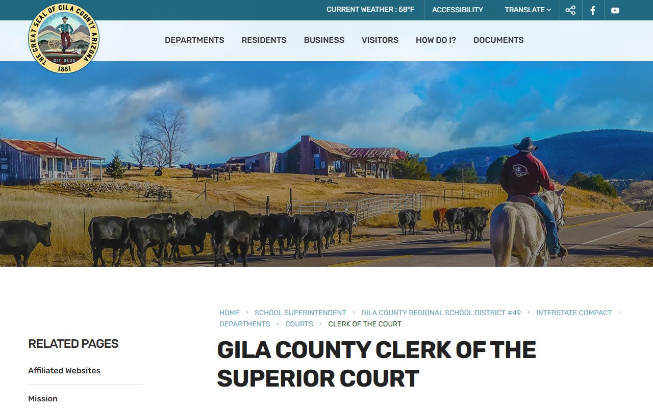 Gila County Clerk of the Superior Court main page showing divorce records services