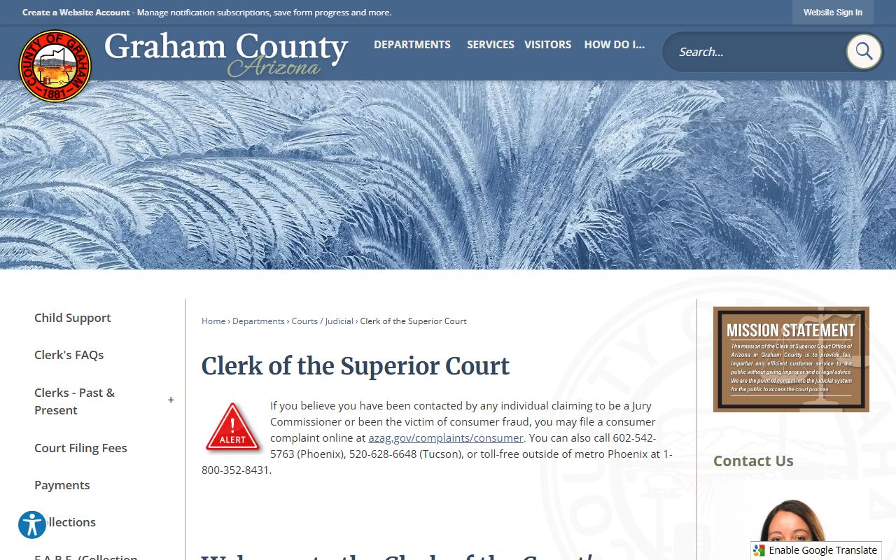 Graham County Clerk of the Superior Court main page showing divorce records services