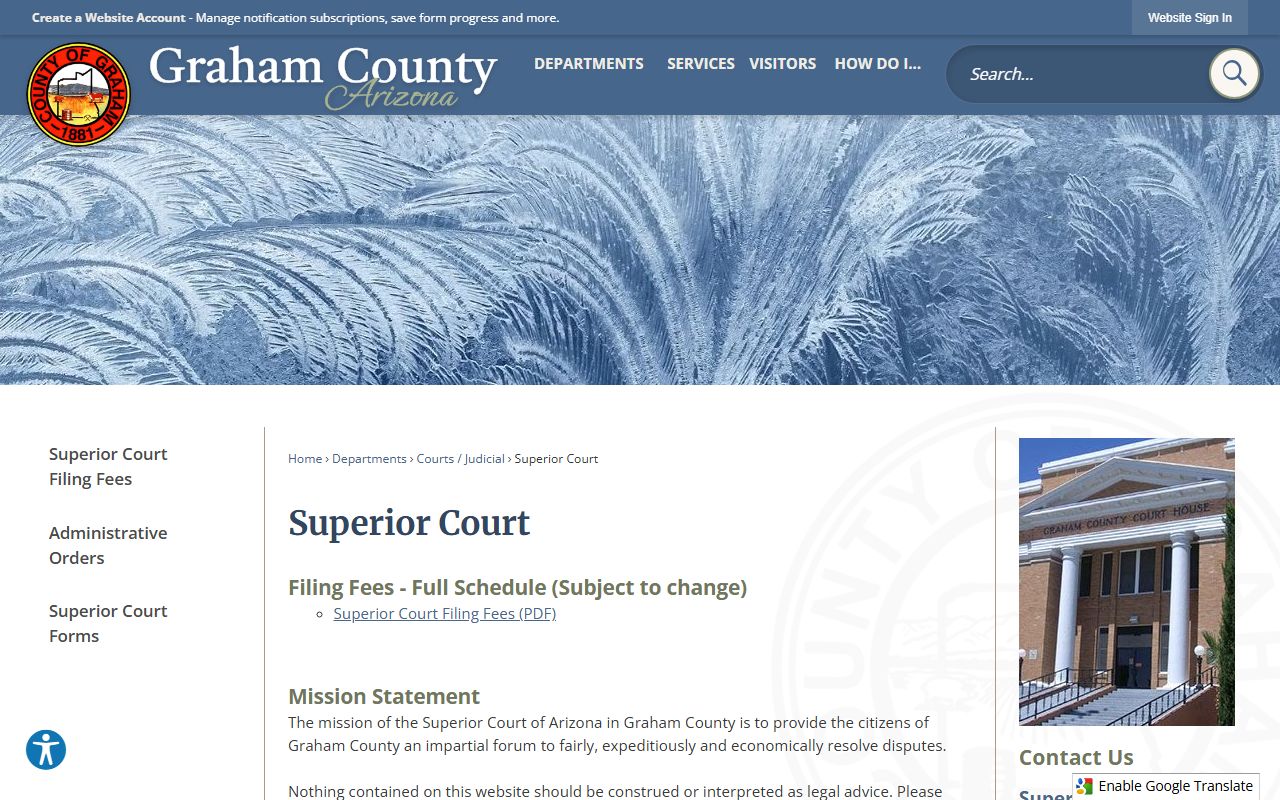 Graham County Superior Court information page with divorce case details