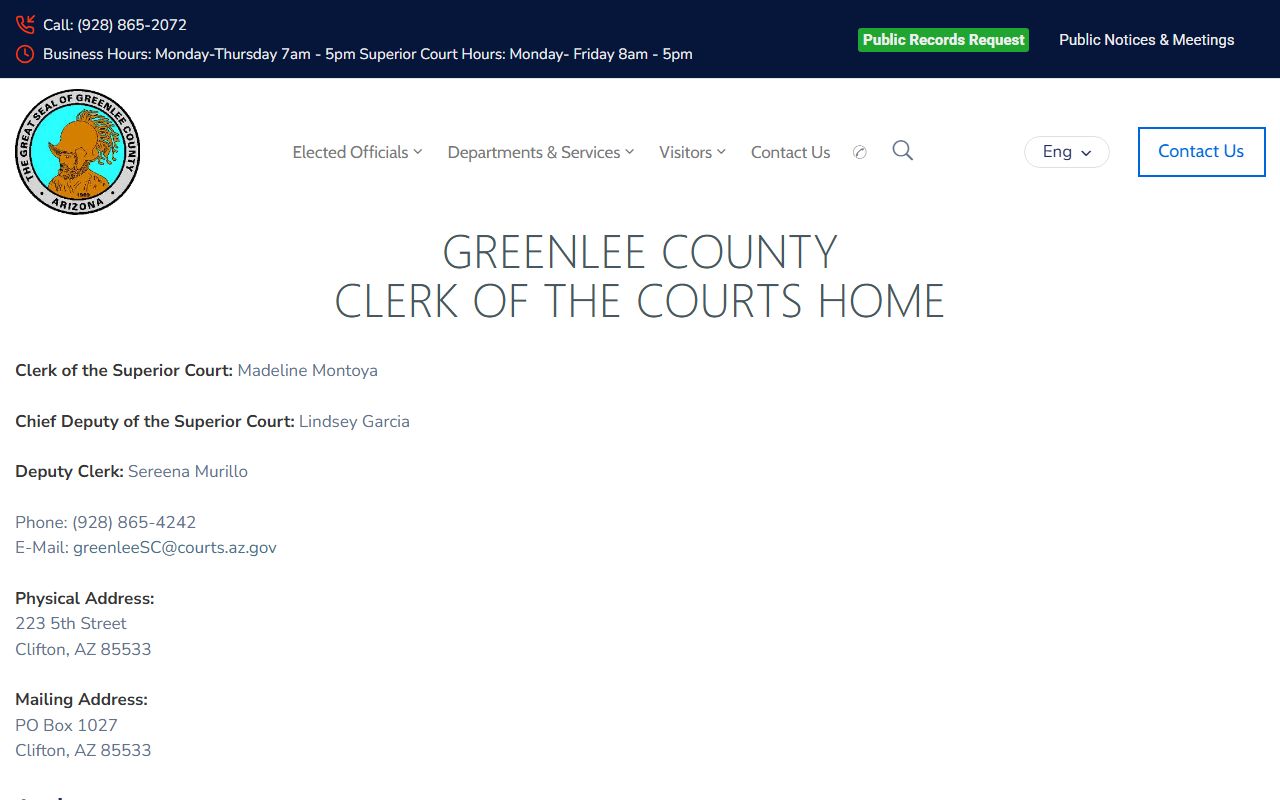 Greenlee County Clerk of Superior Court website showing contact information for divorce records