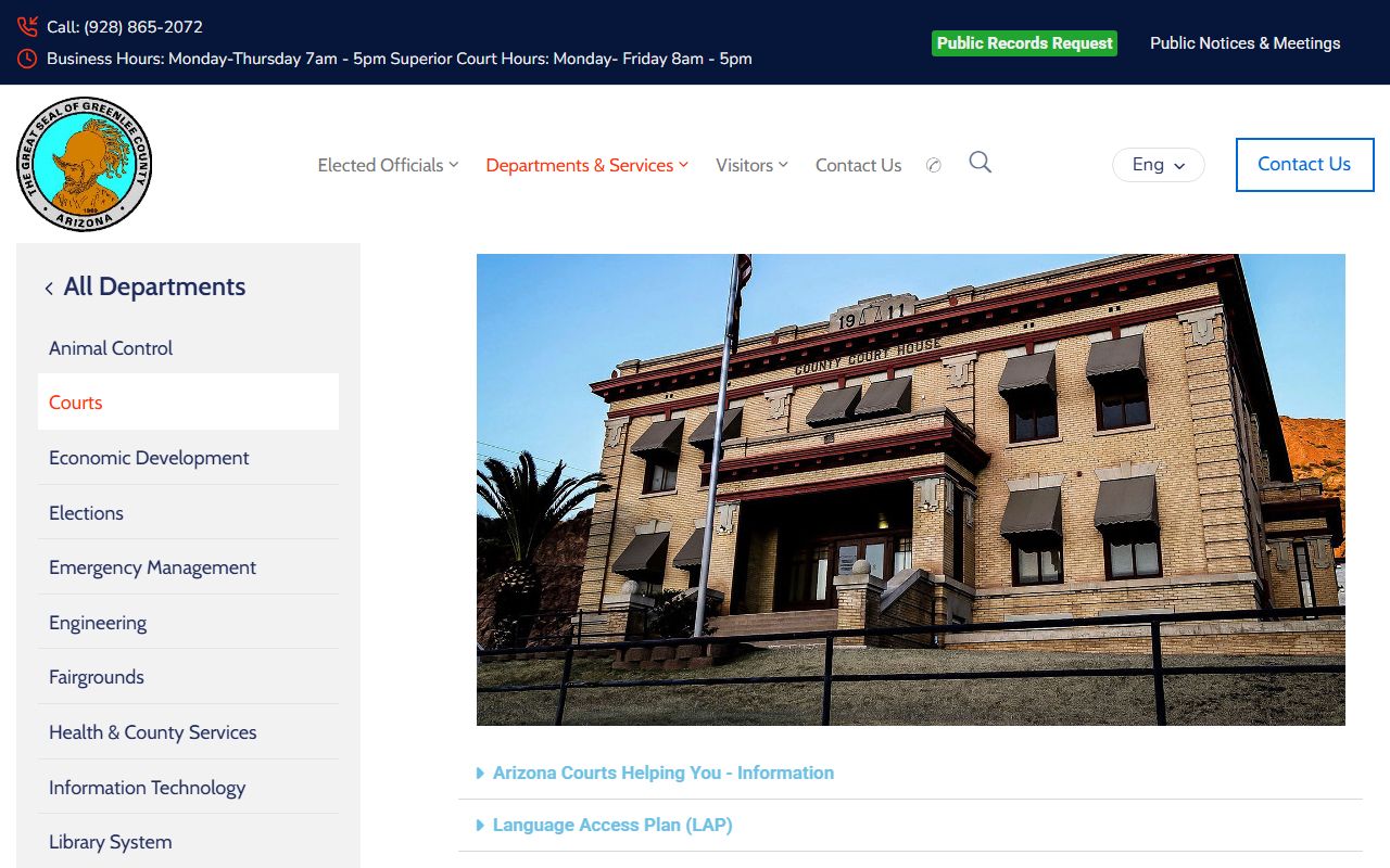 Greenlee County courts department page with divorce filing information