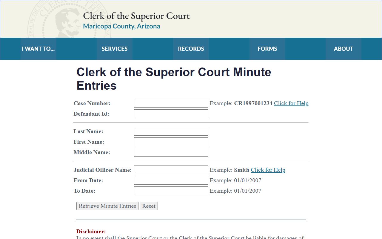 Maricopa County Court Minutes Portal for searching divorce case minute entries