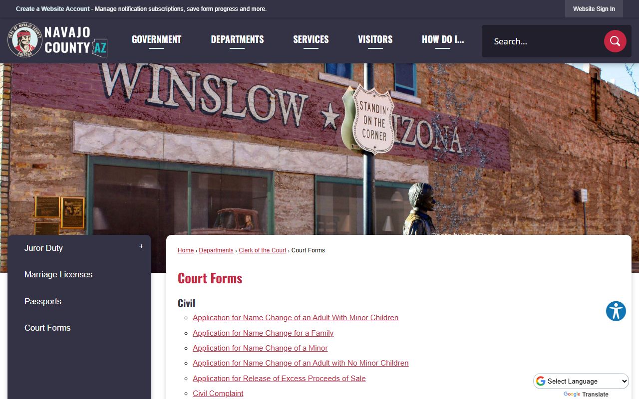 Navajo County court forms page with divorce filing documents