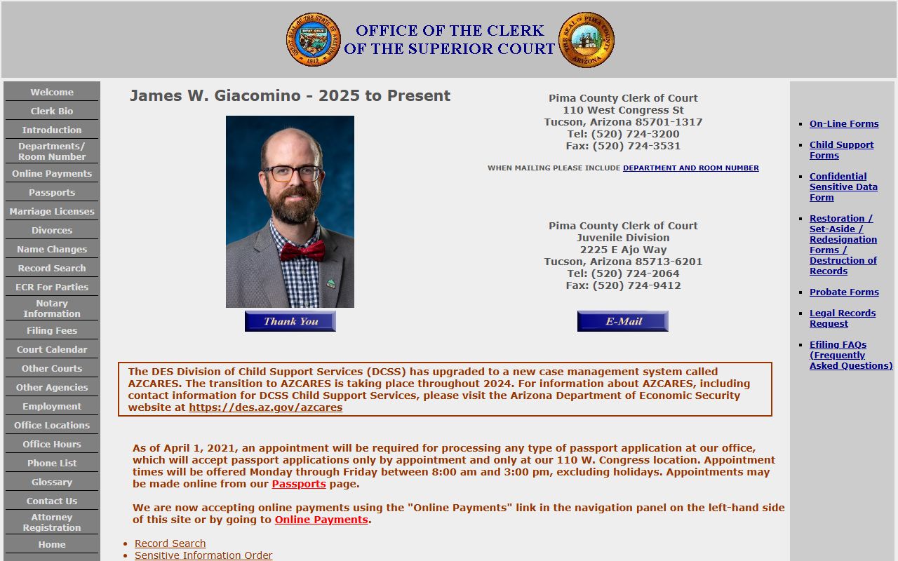Pima County Clerk of Superior Court website showing office information for divorce records