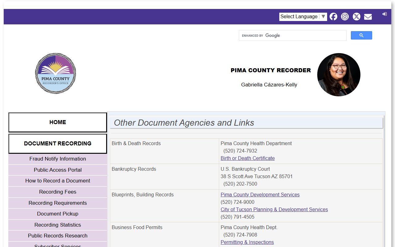 Pima County Recorder other offices page showing related county departments