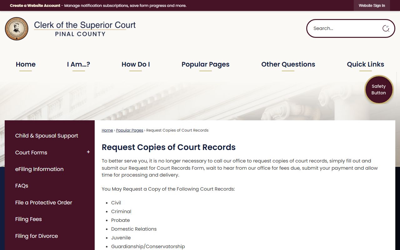 Pinal County records request page for divorce case documents