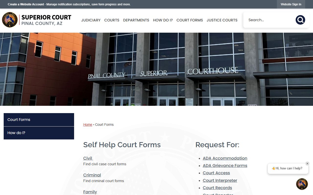 Pinal County court forms page for divorce filings