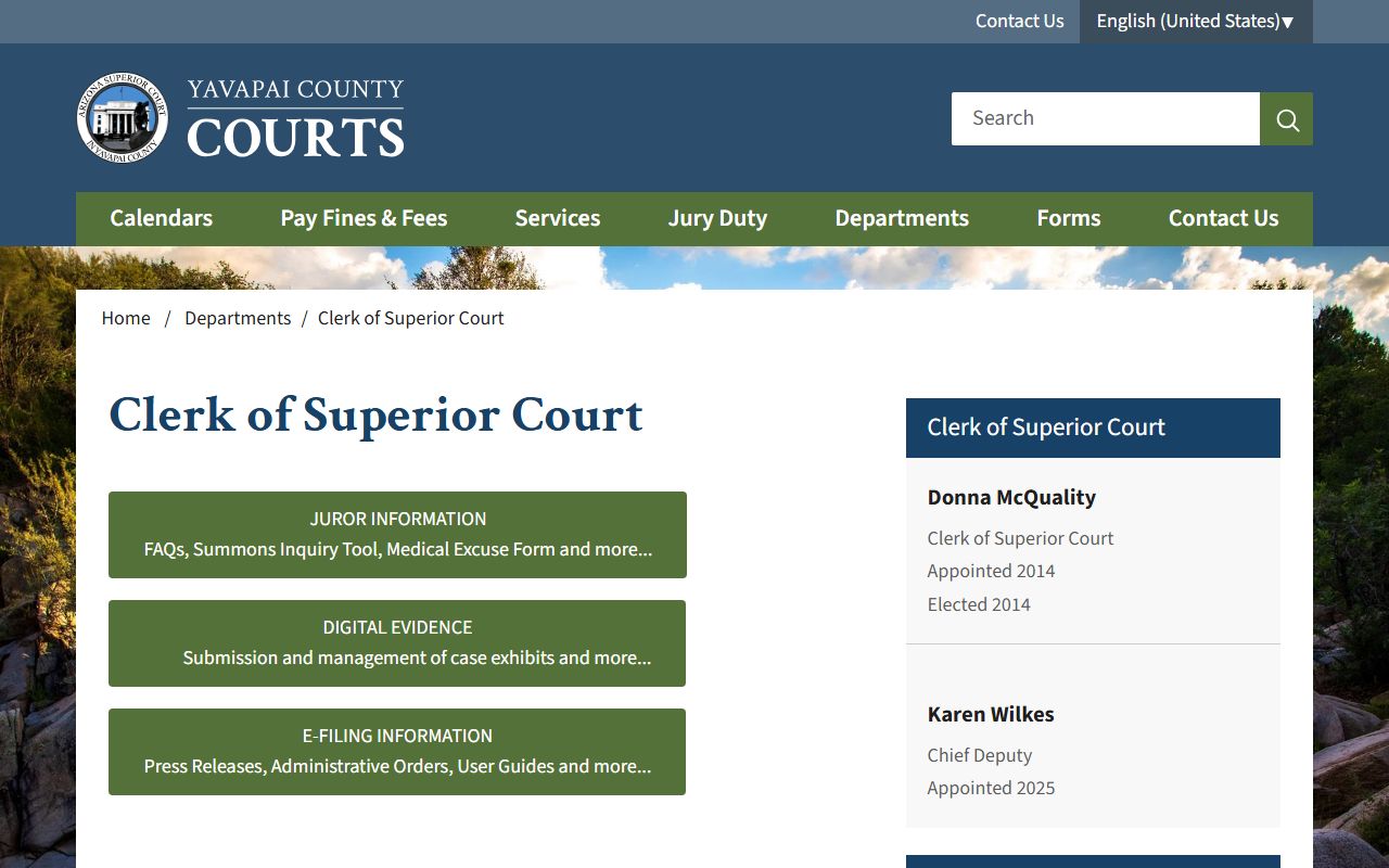 Yavapai County Clerk of Superior Court main page for divorce records