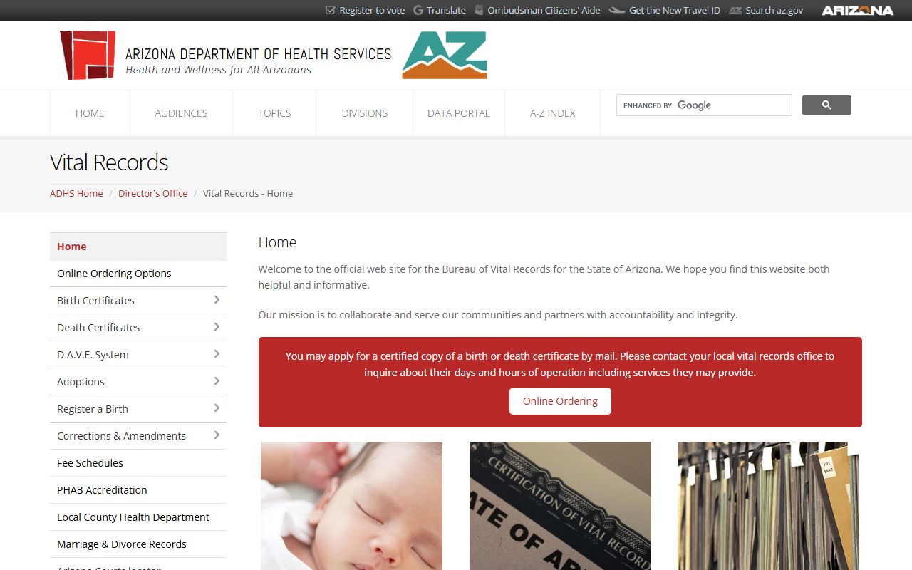 Arizona Department of Health Services vital records page showing divorce records are not available from the state