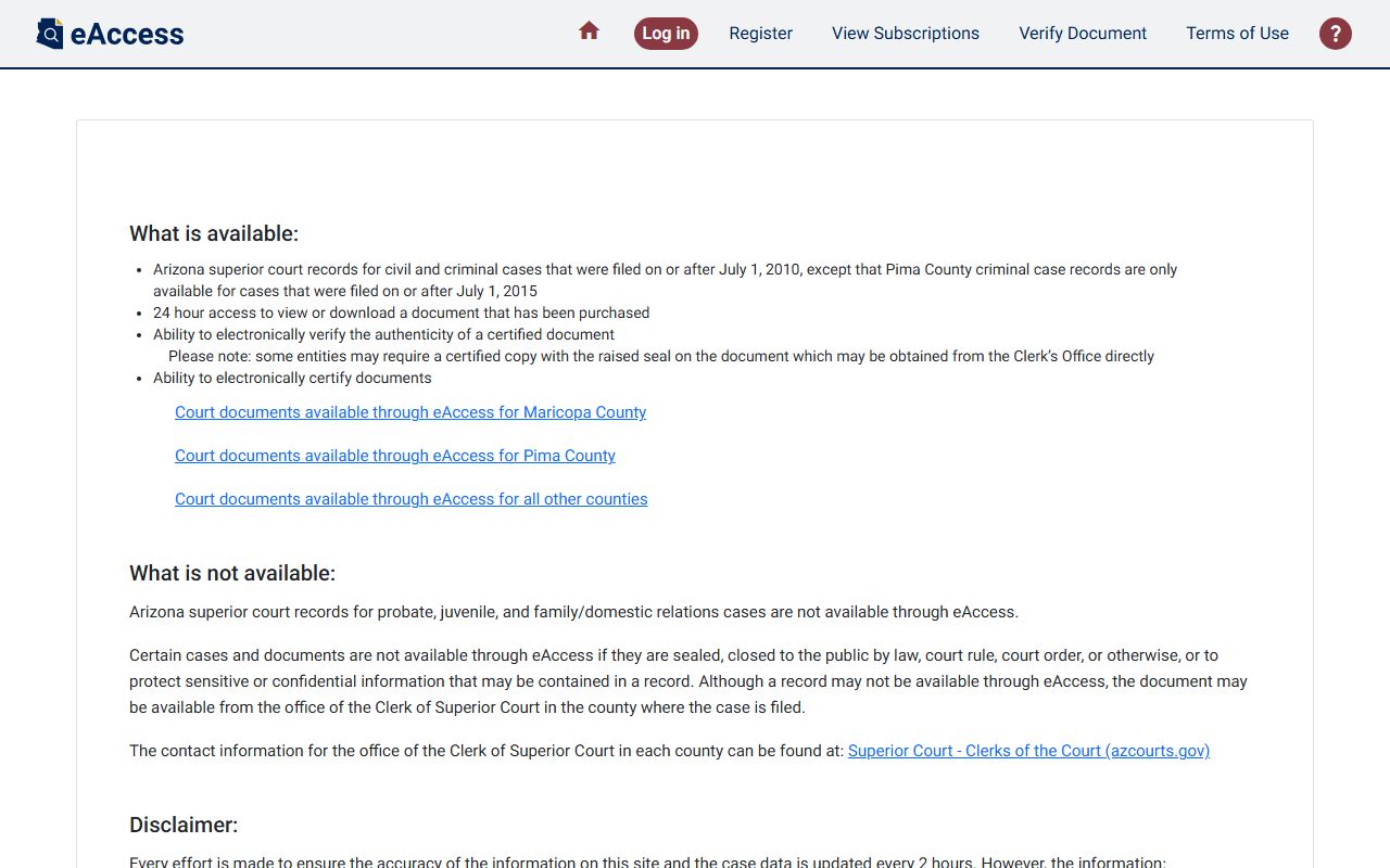 Arizona eAccess portal for viewing and downloading divorce court documents