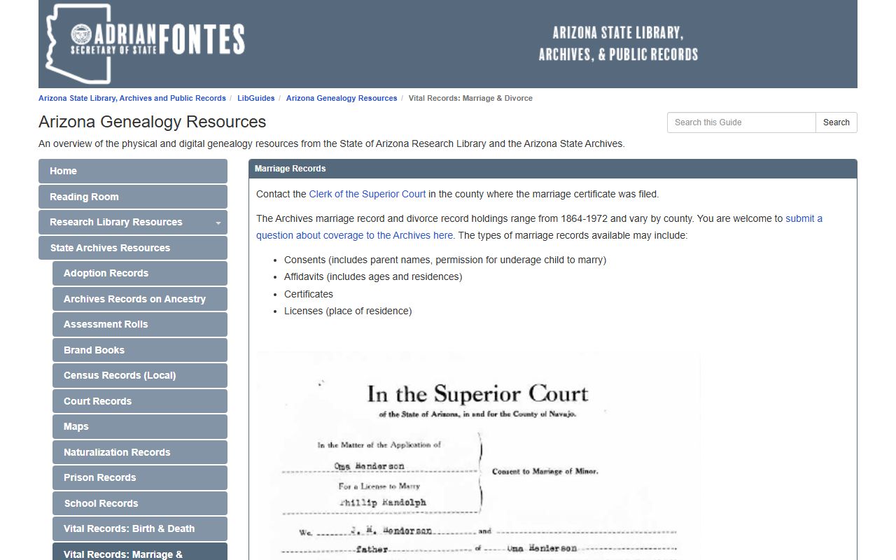 Arizona State Archives marriage and divorce research guide for historical records